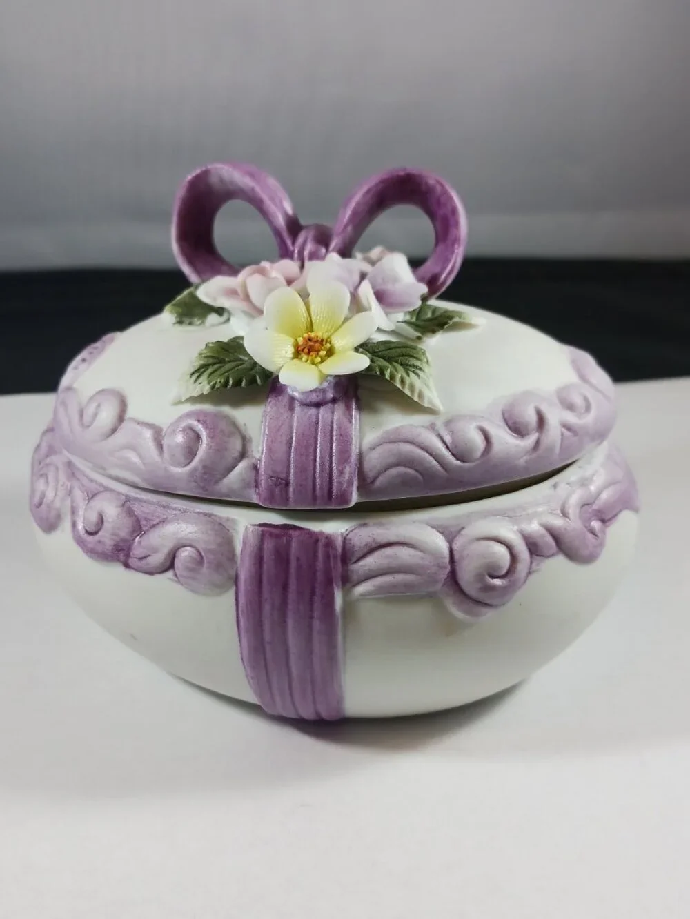 Lefton China Egg Hand Painted Porcelain Egg Bow Flower Trinket Box